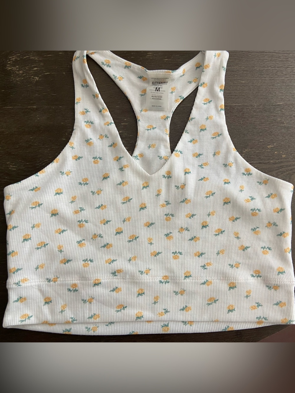 Kittenish White Floral Ribbed Racerback Crop Tank Top - Yellow Print